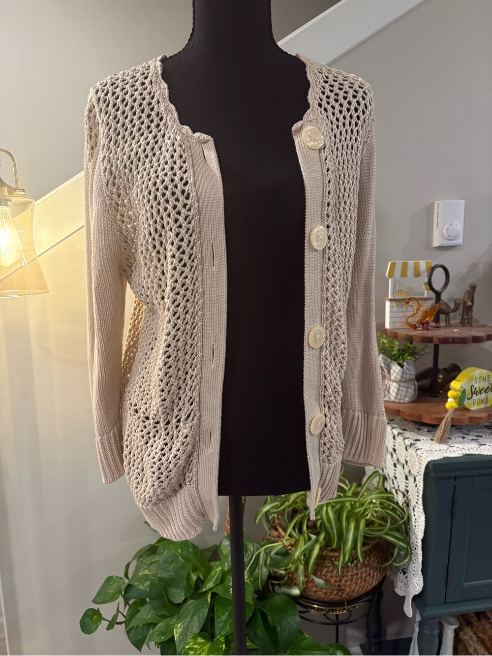 GAP Cream Open-Knit Button Front Women's Cardigan